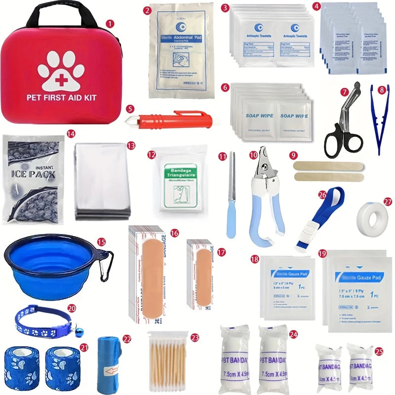 Pet First Aid Kit: Contains emergency supplies and an emergency blanket, suitable for hiking, camping, and backpacking.