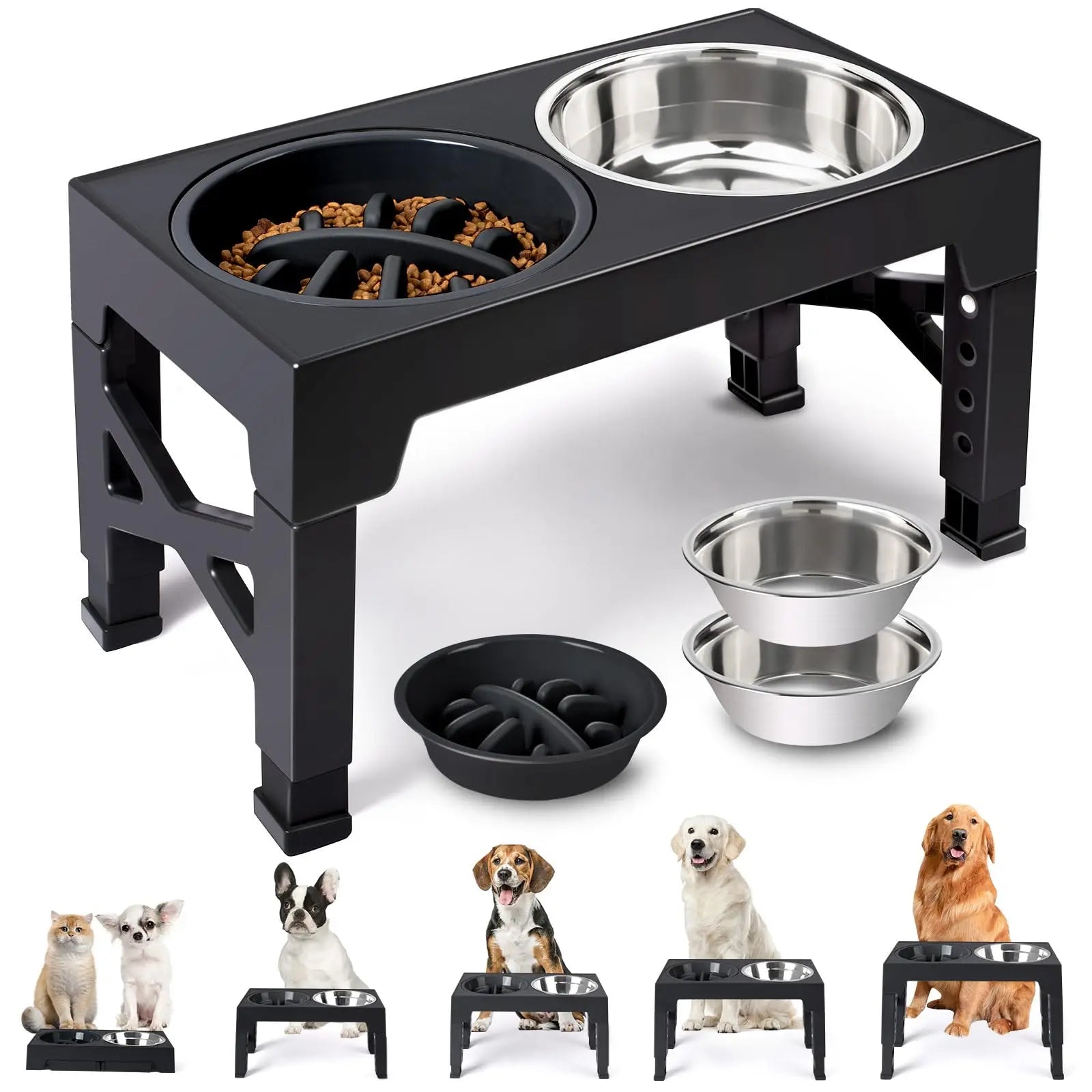 Elevated Dog Feeder Bowls Adjustable Raised Stand with Double Stainless Steel Food Water Bowls Small Medium Large Dogs