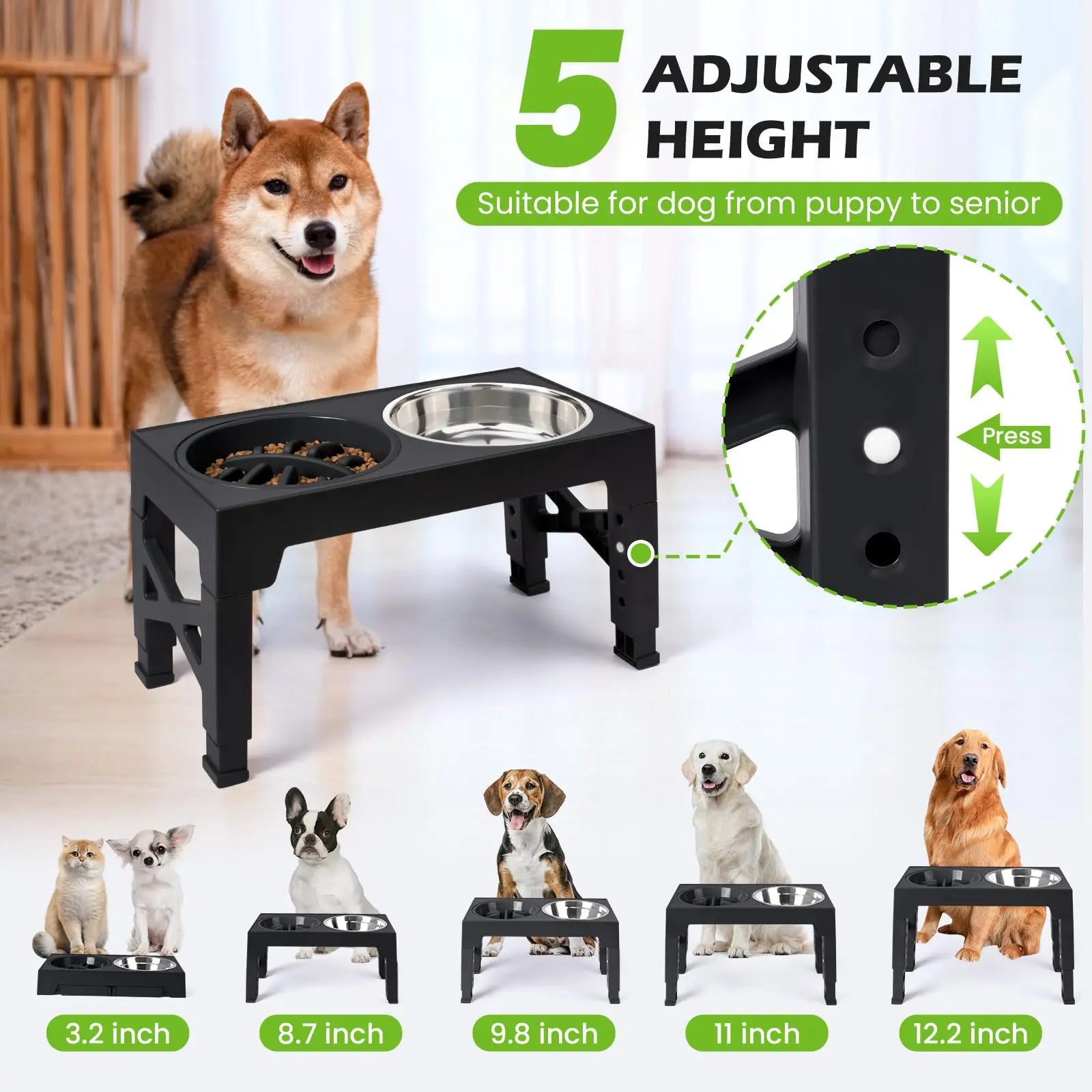 Elevated Dog Feeder Bowls Adjustable Raised Stand with Double Stainless Steel Food Water Bowls Small Medium Large Dogs